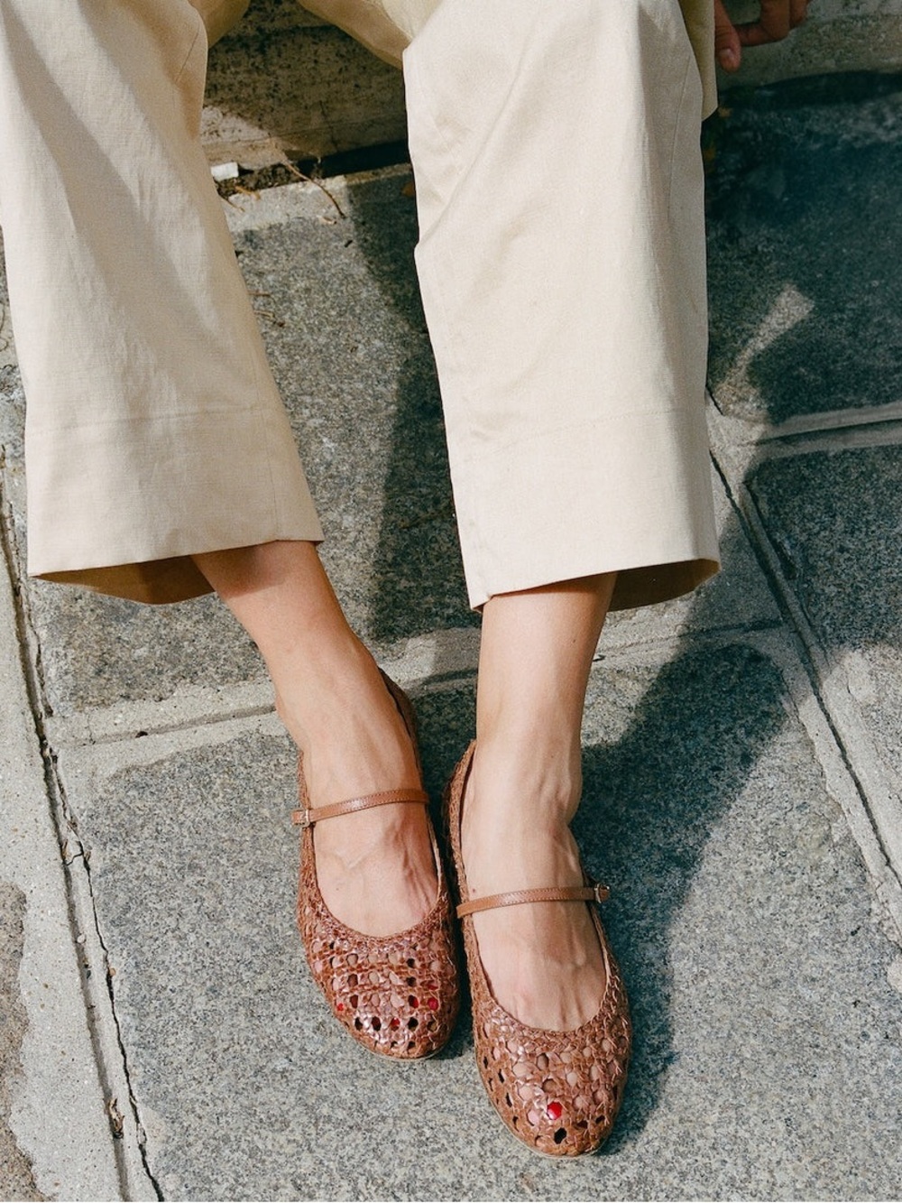 Margaux Woven Leather Mary Jane Flats in Cognac Brown